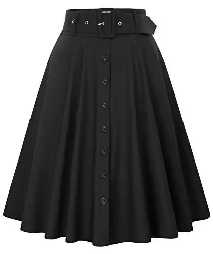 Femme Jupe Midi Évasée Taille Haute Boutons Devant Noir XL BP571-1