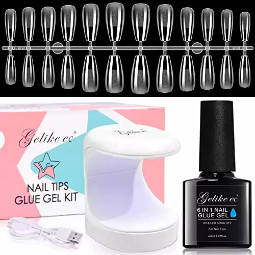 Gelike ec Kit Pose Americaine Ongles, Faux Ongles Capsule Americaine Ongle Transparents 6 en 1 Colle pour Ongles d'Extension Moyenne Ballerine 240Pcs 12 Tailles Mini Lampe LED/UV 16W, PMMA