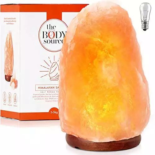 Lampe en Cristal de Sel de l'Himalaya The Body Source - Bouton de réglages d’intensité - Entièrement Naturelle - Fabriquée à la Main avec Base en Bois, 3-5kg