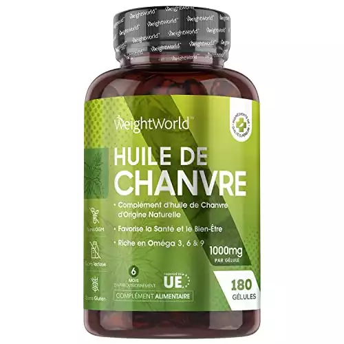 Huile de Chanvre 1000 mg Extra Fort 100% Naturel - 180 Capsules (6 Mois) - Complément Alimentaire Hemp Seed Oil aux Oméga 3