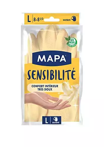 MAPA - Sensibilité - Gants de Ménage en Latex Intérieur Coton et Soie - Grand Confort d'utilisation et Extra Doux - Lot de 3 paires - Taille L