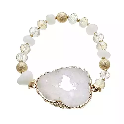 Bracelet avec perles d'agate blanche et pierre de quartz druzy blanche - Jae W par Bello London
