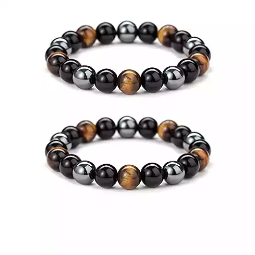GANMFOYC 2 bracelet triple protection oeil de tigre, emballage flanelle hématite perle et noir obsidienne + cordon élastique 1 rouleau