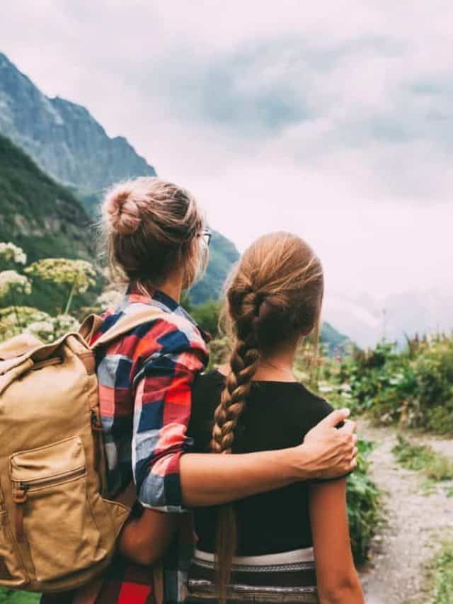 Hikers,With,Backpack,Looking,At,Mountains,,Alpine,View,,Mother,With