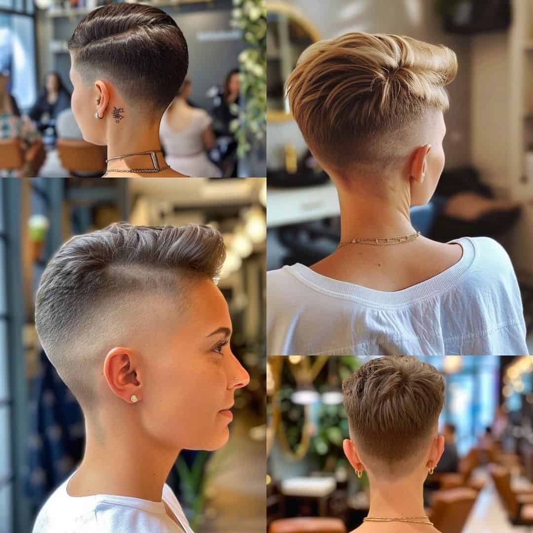 A woman with a short pixie cut and a side part, looking confident and stylish.