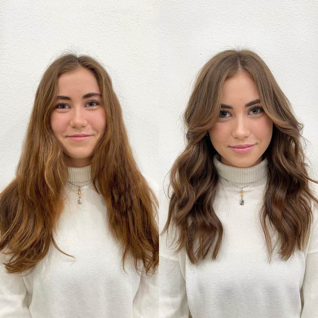 Two women with long wavy hair, one with a messy hairstyle before and the other with a sleek hairstyle after a makeover.