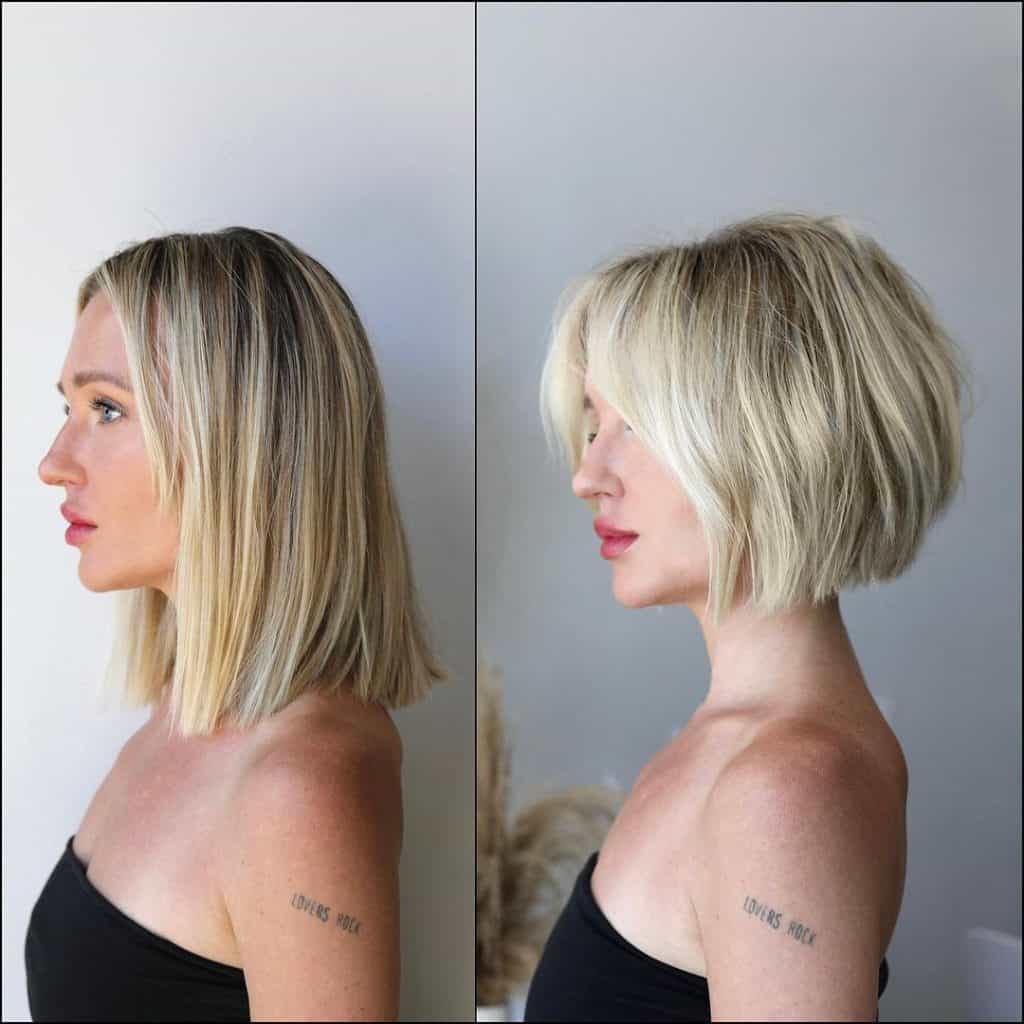 wo photos of a woman with a short blonde bob, showcasing her stylish and modern hairstyle.