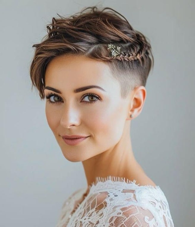 A woman with a short pixie cut and a side part, looking confident and stylish.