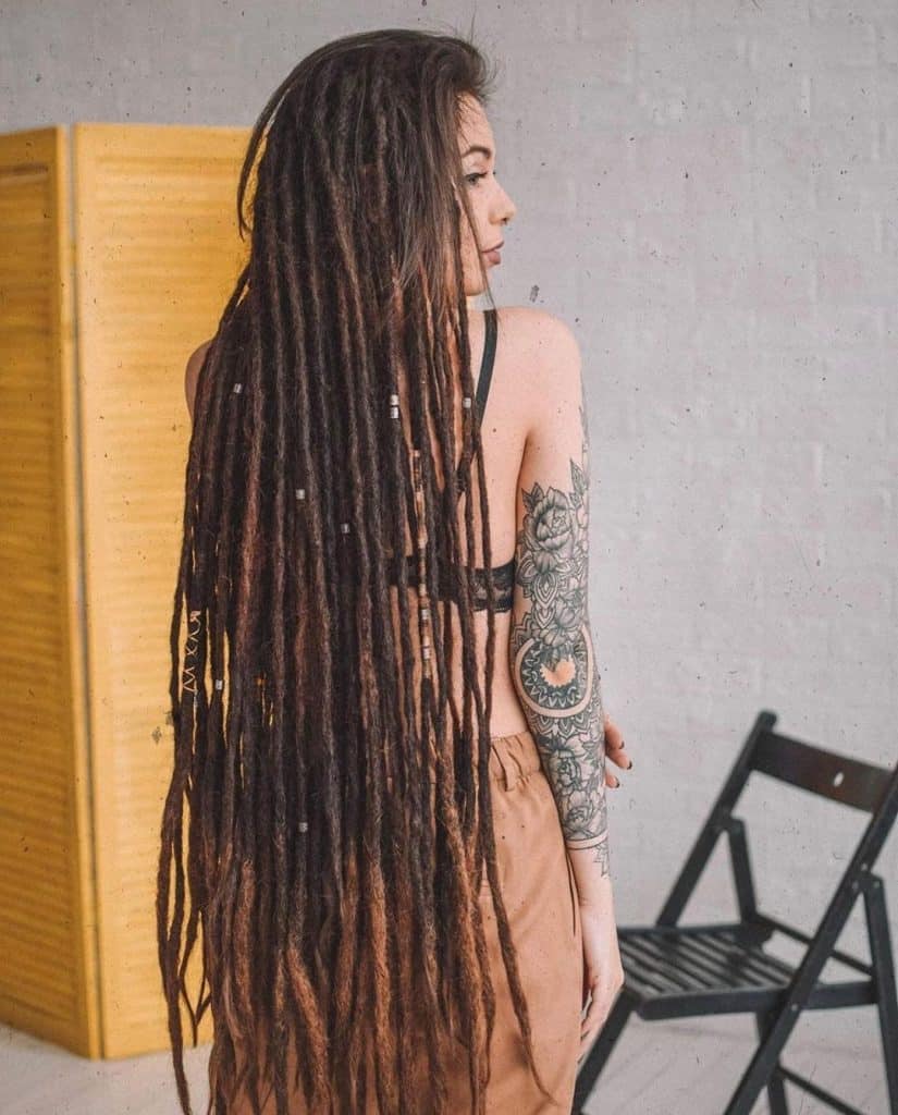 extra long hippy brunette dreads with beads