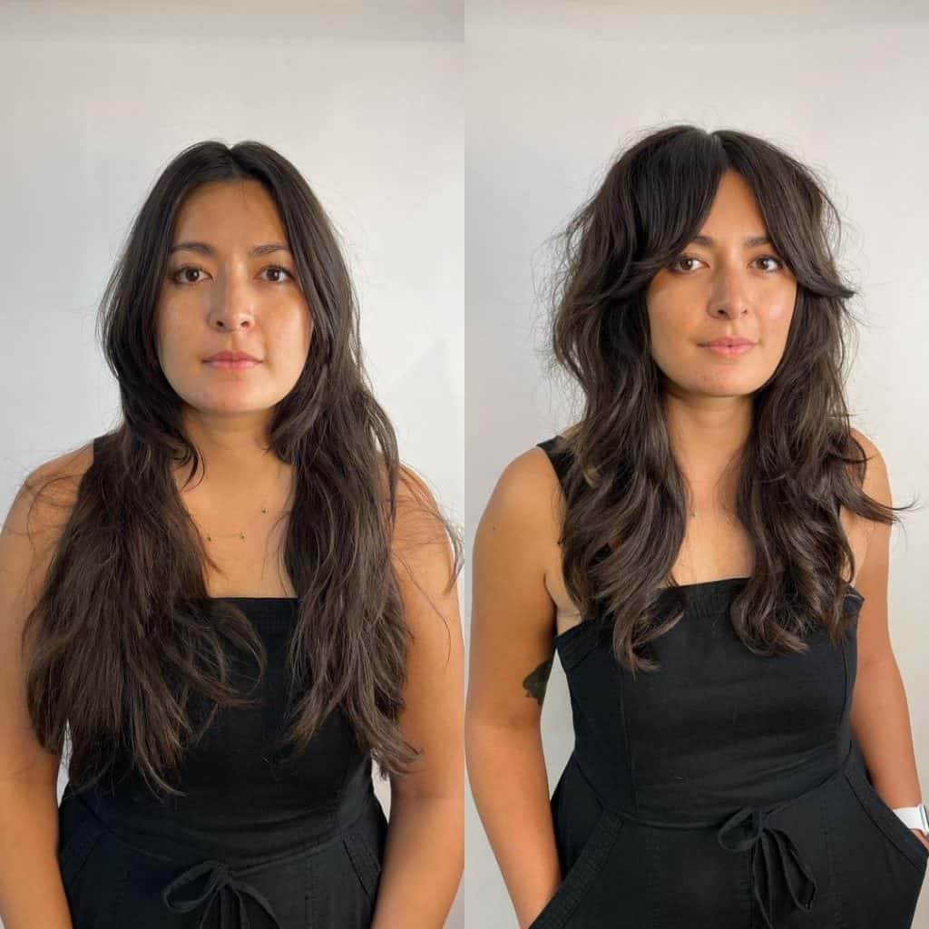 Before and after on Natasha @behindthechair_com @oneshothairawards#btconeshot2024_longcut #btconeshot2024_cuttransformation #beforeandafter #haircuttransformation #haircut #curtainbangs #shag #shaghaircut