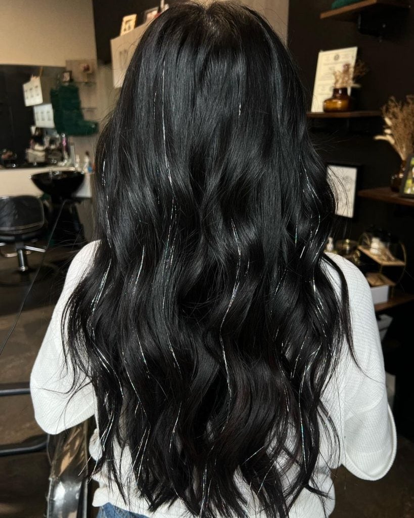 Tinsel on dark hair #tinselhair #hairtinsel #collegestationhair #collegestationhairstylist