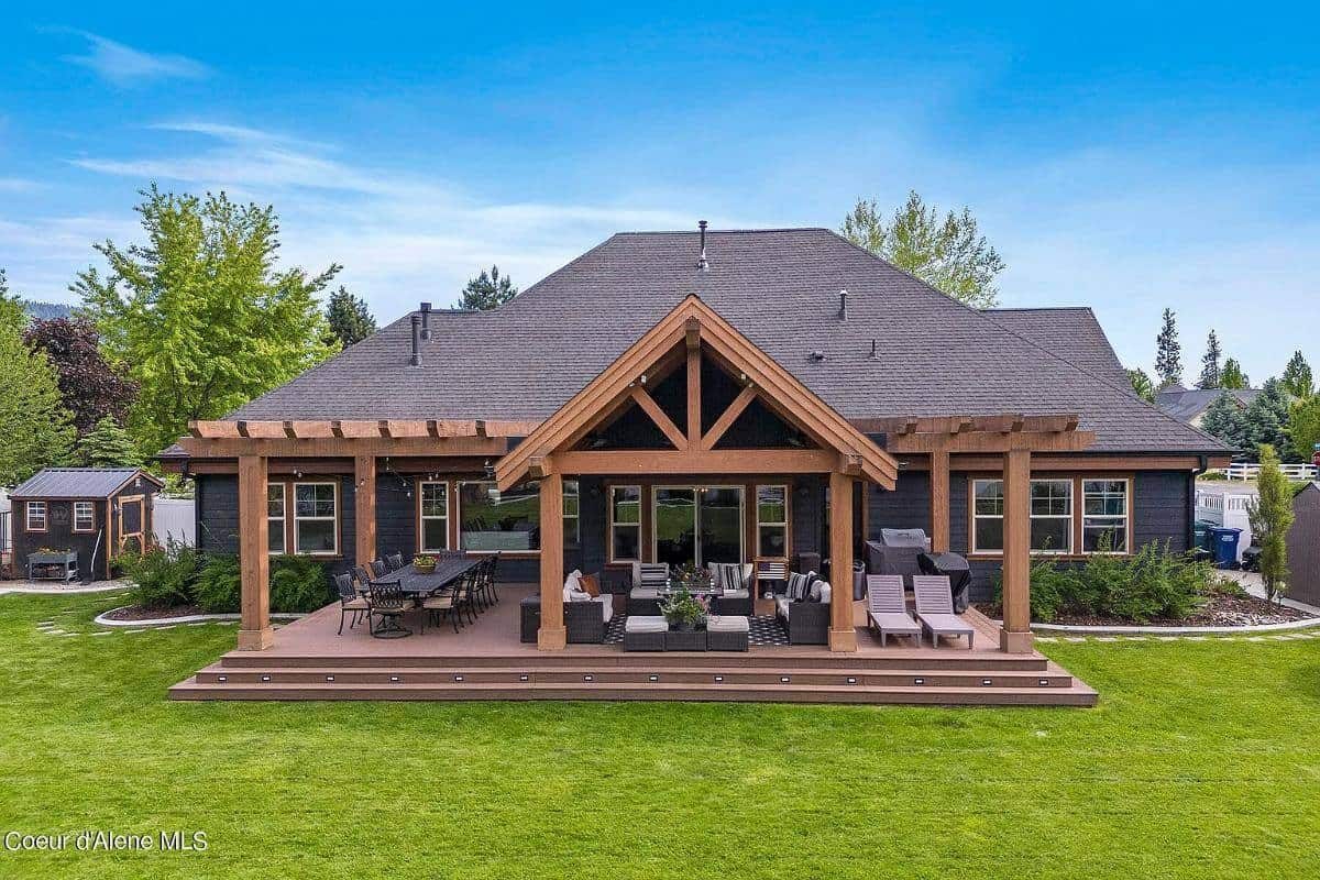 Rear view with gabled and trellis porches.