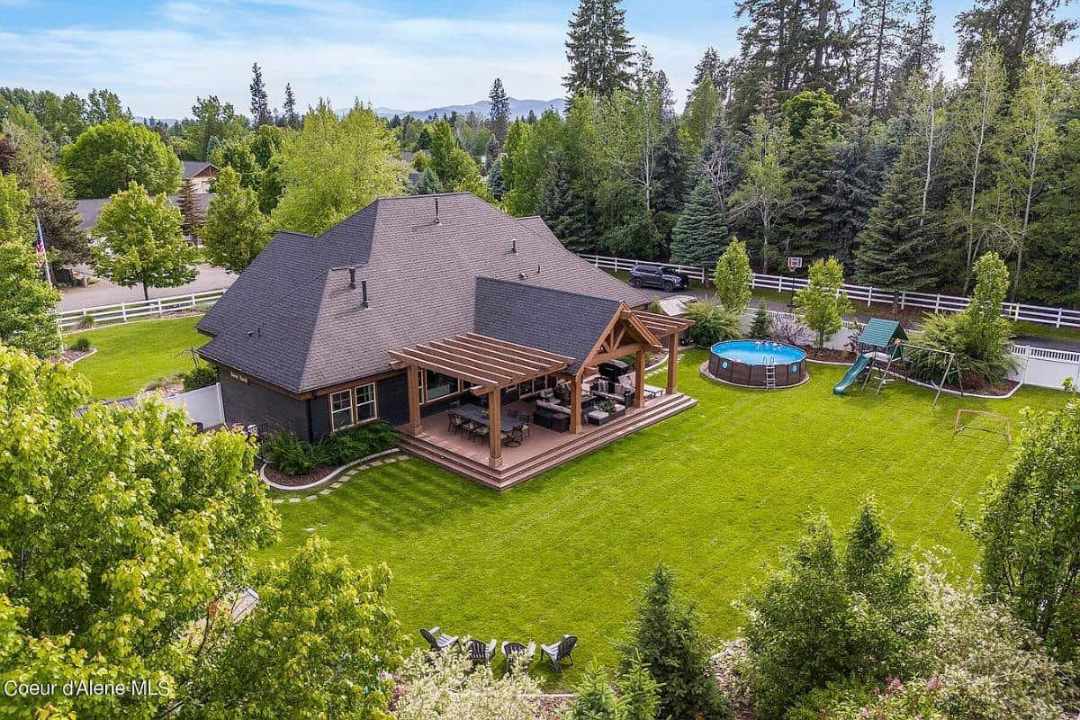 Aerial view of the single-story craftsman home.