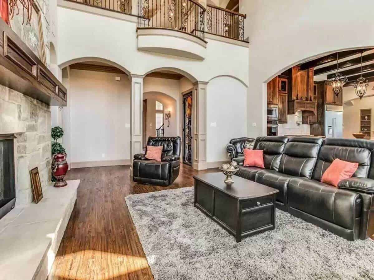 A tall ceiling crowns the family room.