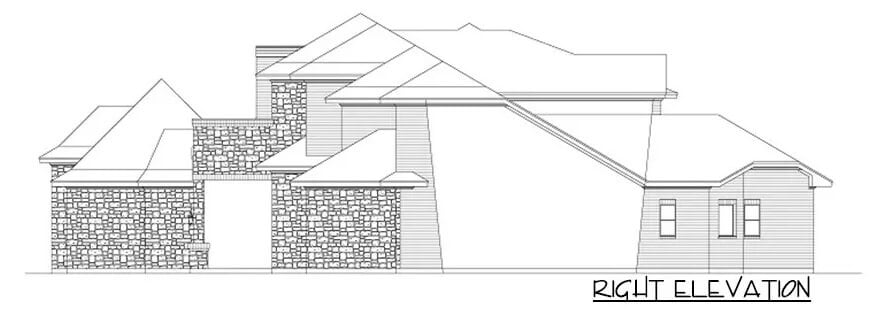 Right elevation sketch of the 6-bedroom grand hill country home.