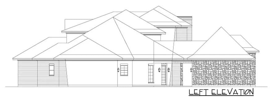 Left elevation sketch of the 6-bedroom grand hill country home.