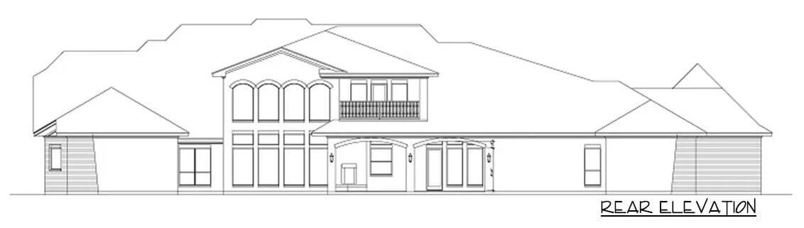 Rear elevation sketch of the 6-bedroom grand hill country home.