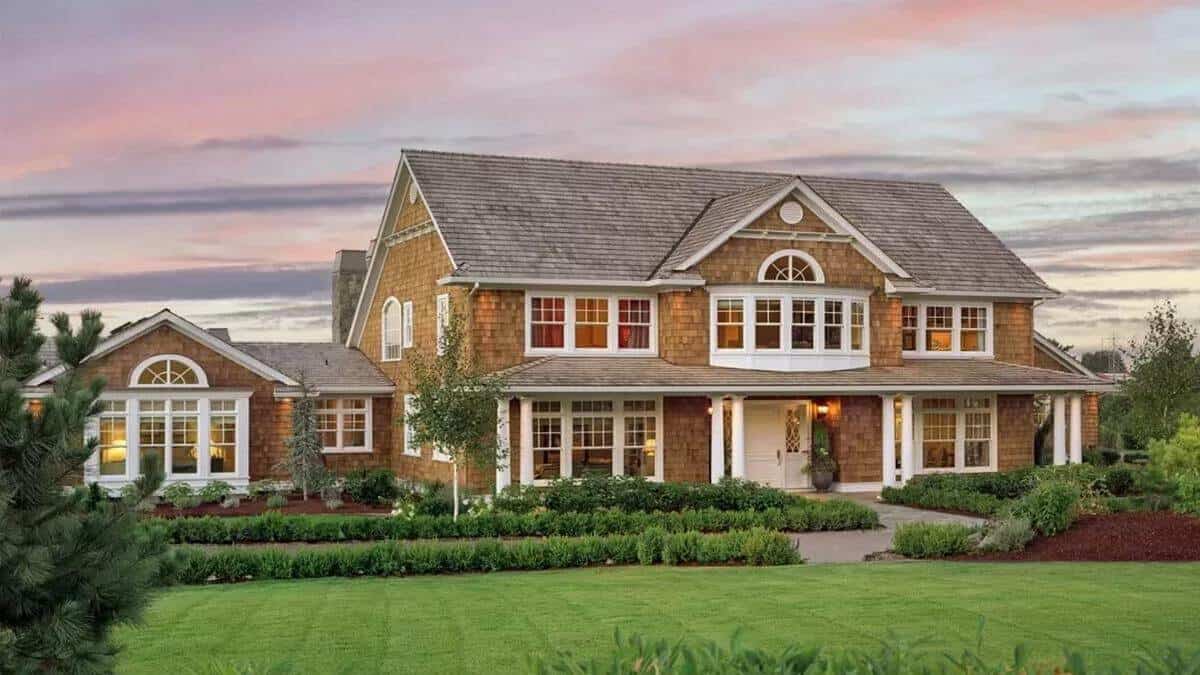 Rambling and Rustic Two-Story 4-Bedroom Shingle Home with Balcony and 4-Car Garage (Floor Plan)