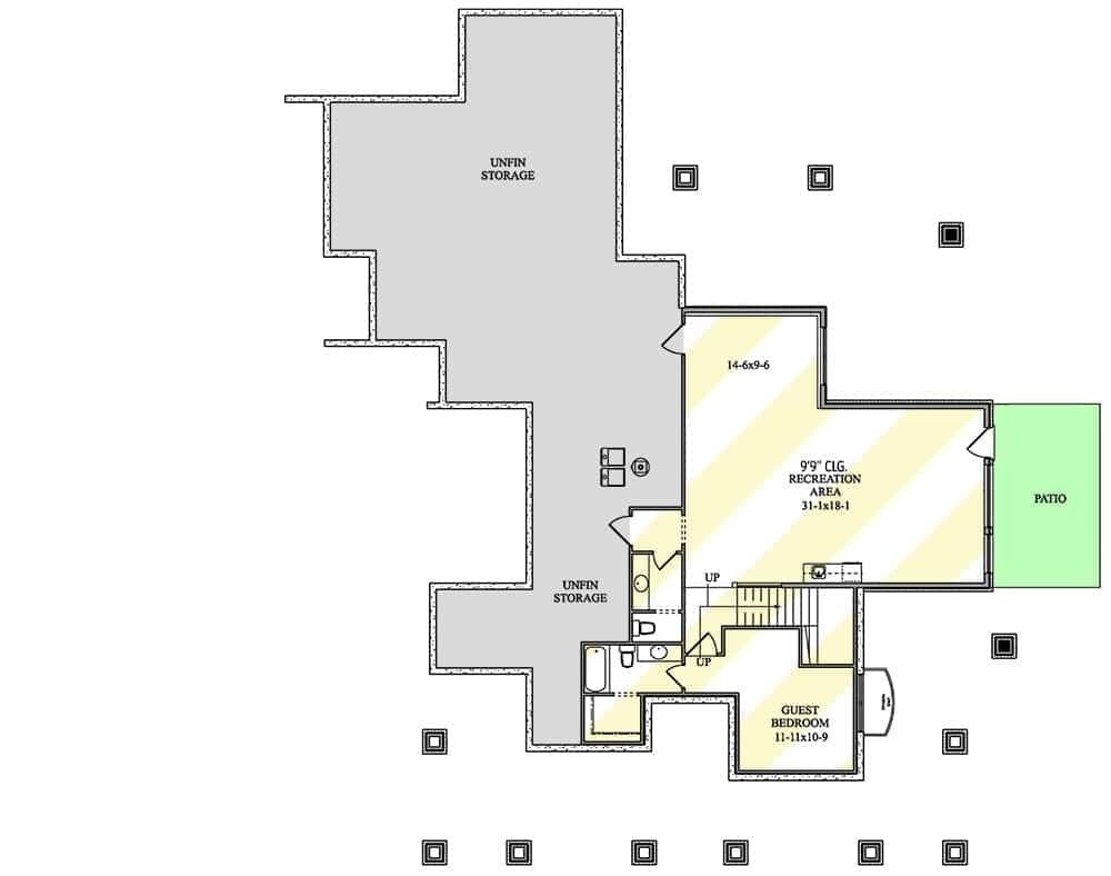 Lower level floor plan with a guest bedroom and a rec room that opens to a patio.