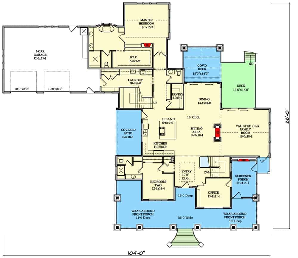 Main level floor plan of a two-story mountain 5-bedroom farmhouse with foyer, family room, dining room, kitchen, two bedrooms, home office, and laundry leading to the garage.