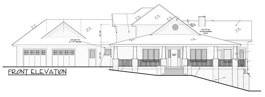 Front elevation sketch of the two-story mountain 5-bedroom farmhouse.