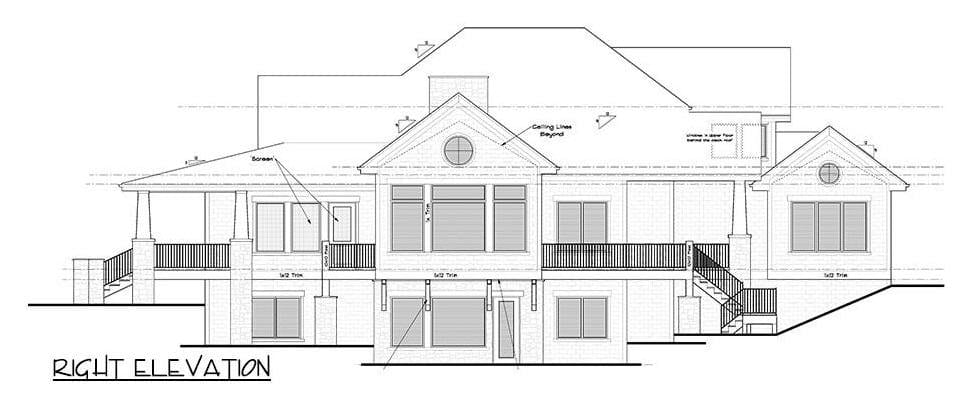 Right elevation sketch of the two-story mountain 5-bedroom farmhouse.