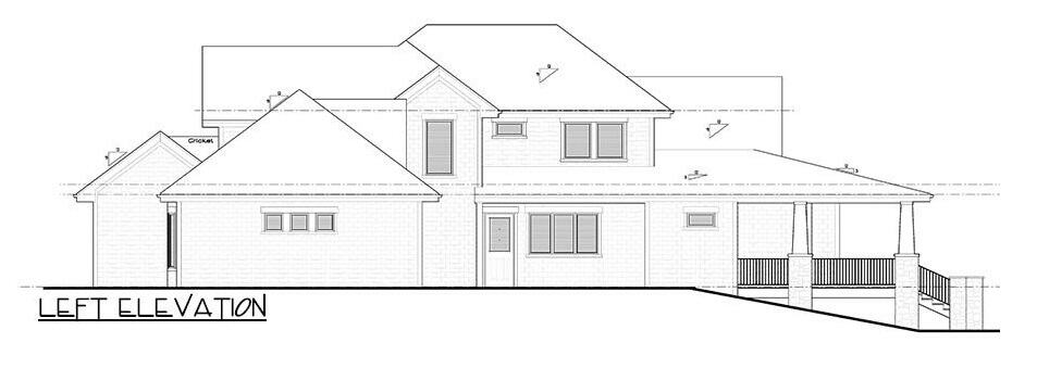 Left elevation sketch of the two-story mountain 5-bedroom farmhouse.