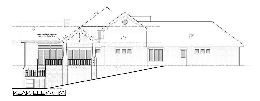 Rear elevation sketch of the two-story mountain 5-bedroom farmhouse.