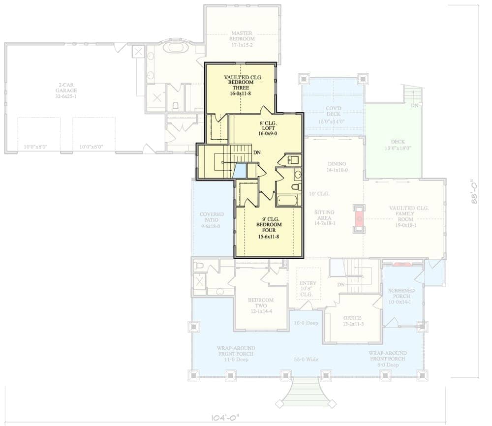 Second level floor plan with two bedrooms, a shared bathroom, and a loft.