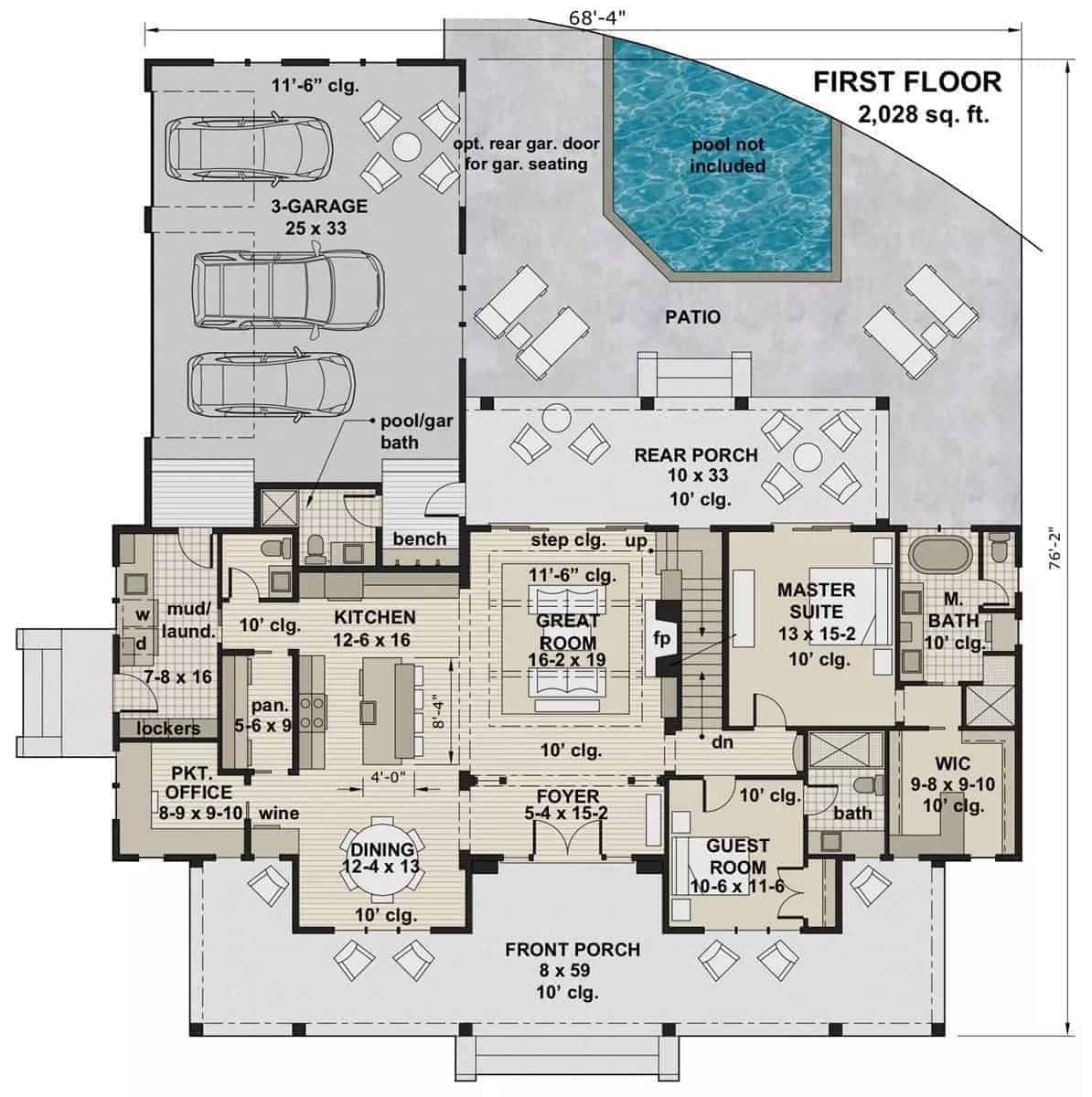 Main level floor plan of the Millerville 4-bedroom two-story modern farmhouse with foyer, great room, kitchen, dining room, two bedrooms, pocket office, and mudroom leading to the garage.