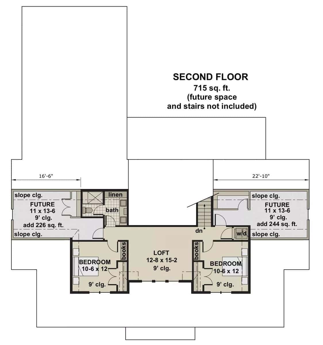 Second level floor plan with two bedrooms, a loft, and two bonus rooms.