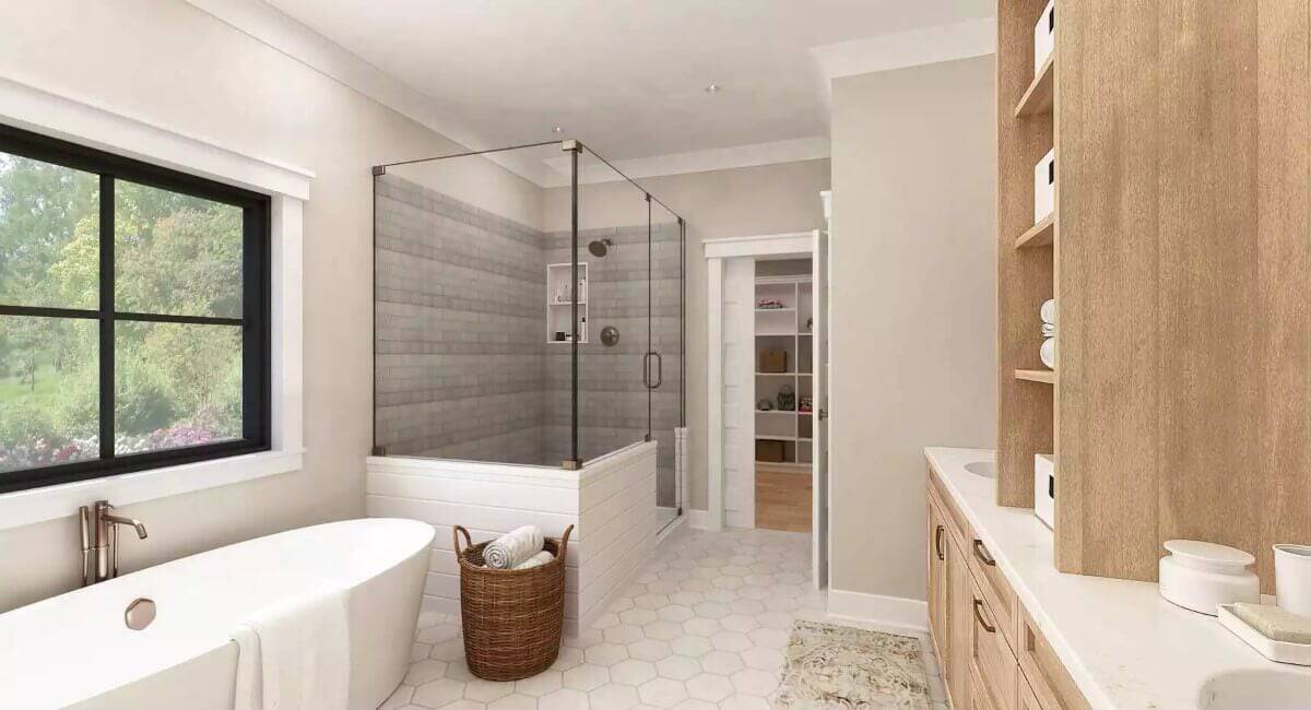 Primary bathroom with a soaking tub and a walk-in shower.