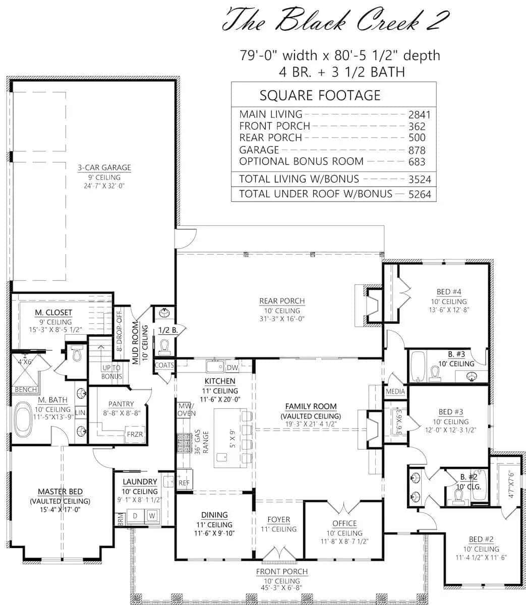 Main level floor plan of the Black Creek 2 4-bedroom single-story country farmhouse with foyer, family room, dining area, kitchen, and four bedrooms, a laundry, and a mudroom leading to the rear garage.