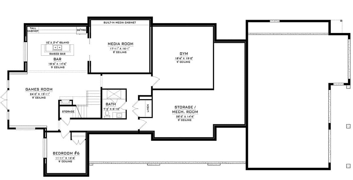 Lower level floor plan with a bedroom, gym, media room, and a game room with a wet bar.