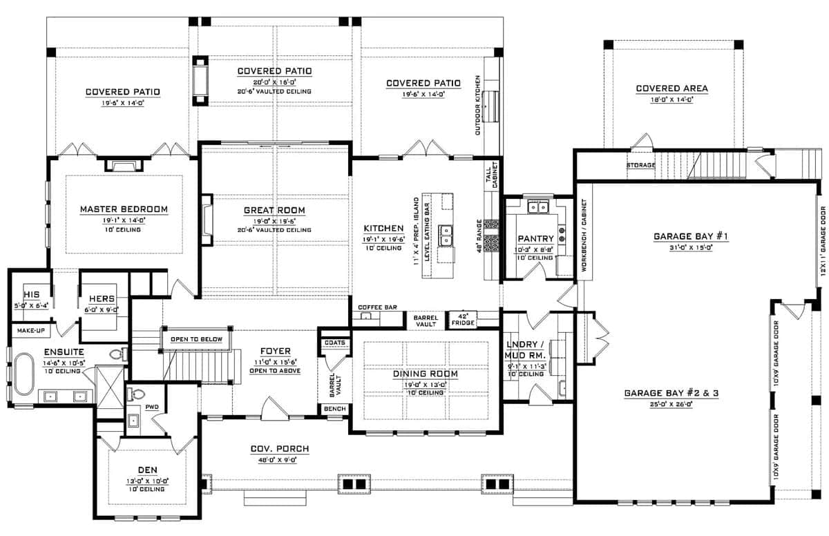 Main level floor plan of a two-story craftsman style 4-bedroom Tribeca home with foyer, great room, kitchen, dining room, den, primary suite, laundry room, and a side-loading garage.