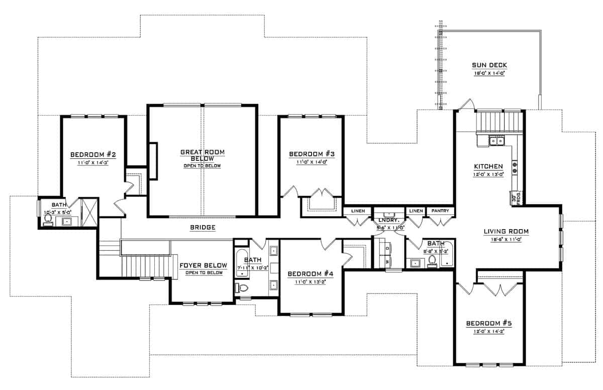 Second level floor plan with three bedrooms and an in-law suite with living room, a kitchenette, and a sun deck.