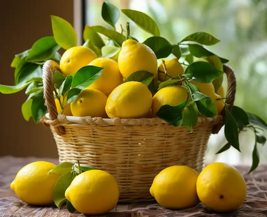 a basket with lemons