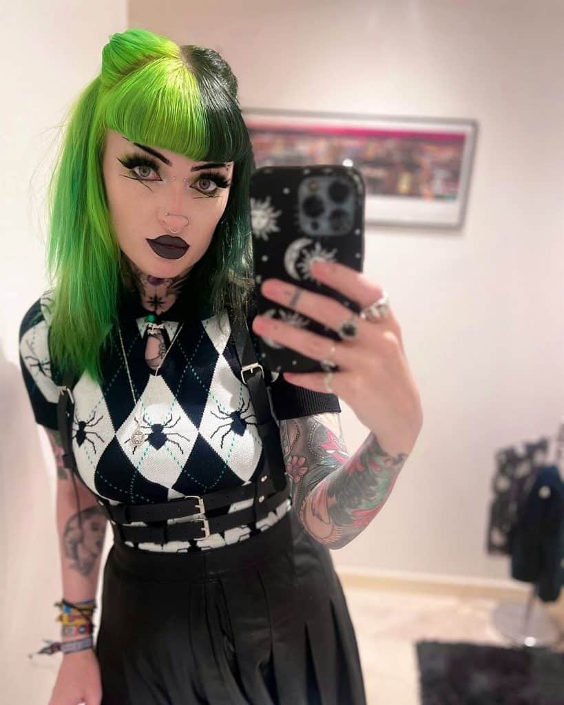 alt goth black green combo hair