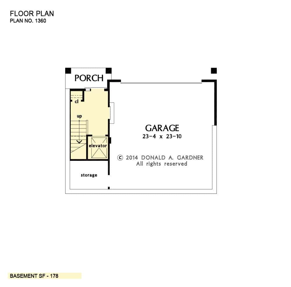 Lower level floor plan with an oversized garage, a storage room, and a back porch.