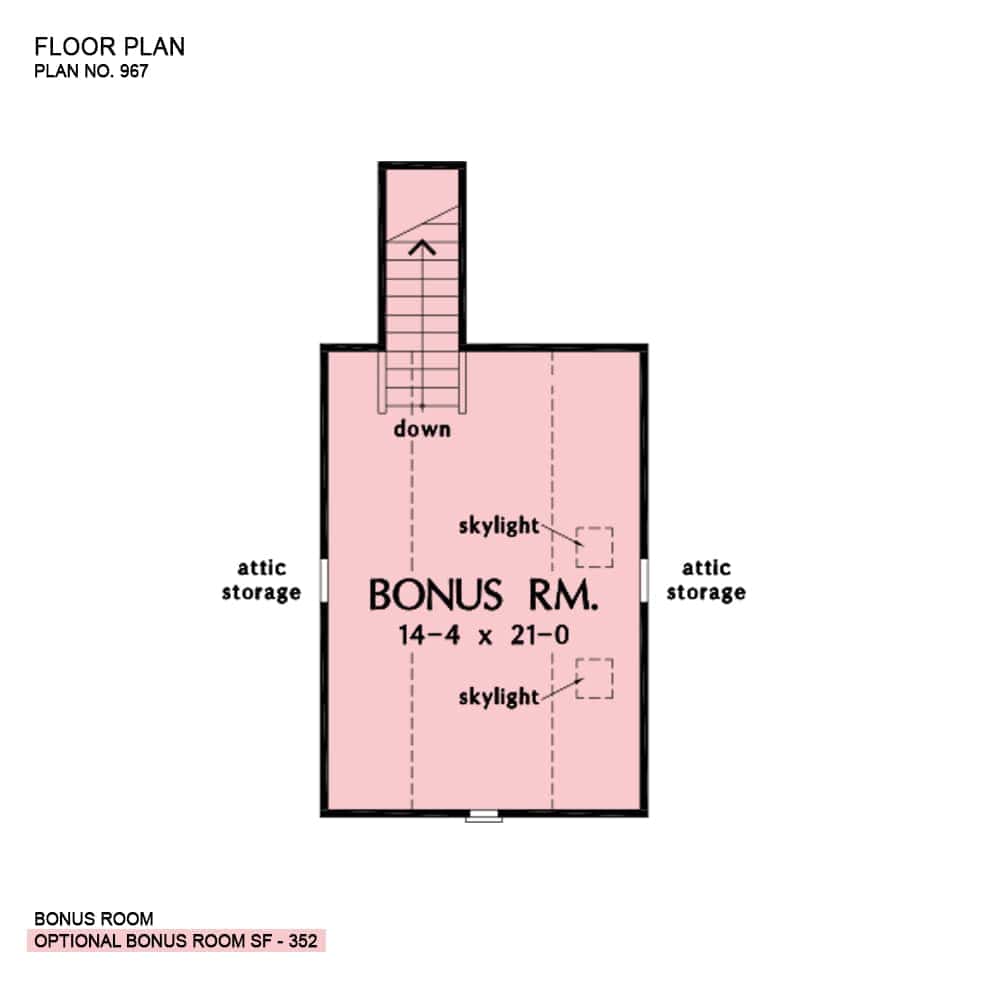 Bonus room floor plan with attic storage and skylights.