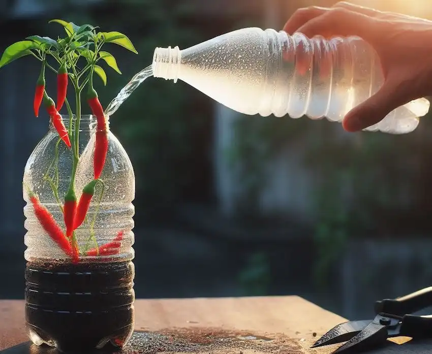 chili peppers plant in a plastic bottle