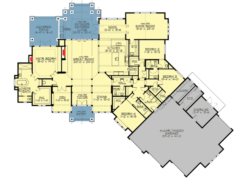 Floor plan of the sprawling single-story Craftsman house featuring an open layout and four bedrooms.