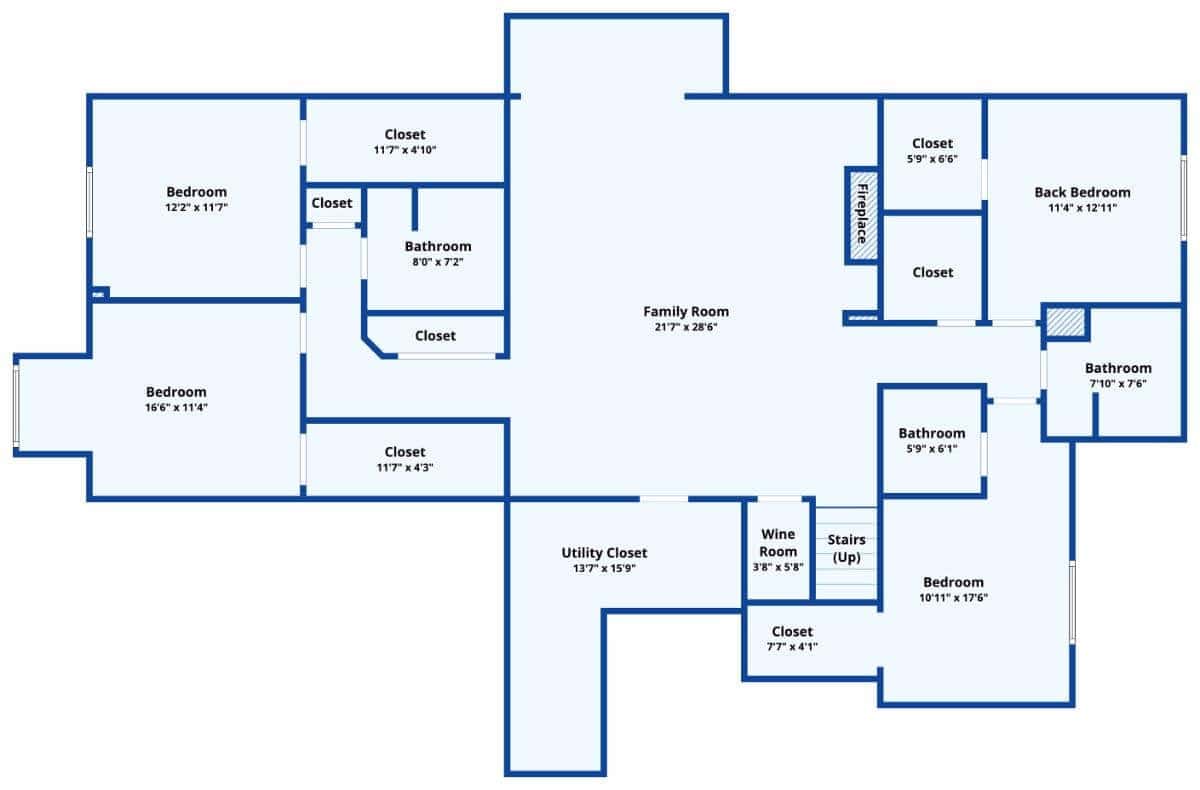 Lower level floor plan with four bedrooms, a family room, a wine cellar, and a utility closet.