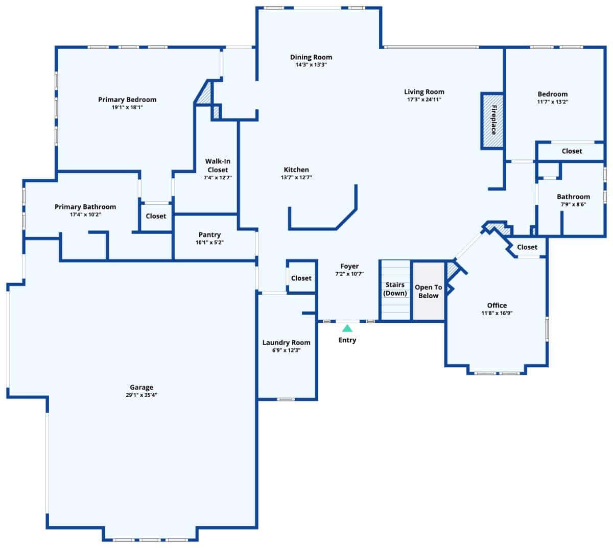 Main level floor plan of a single-story craftsman style 6=bedroom home with foyer, living room, kitchen, dining room, two bedrooms, office, laundry, and side-loading garage.