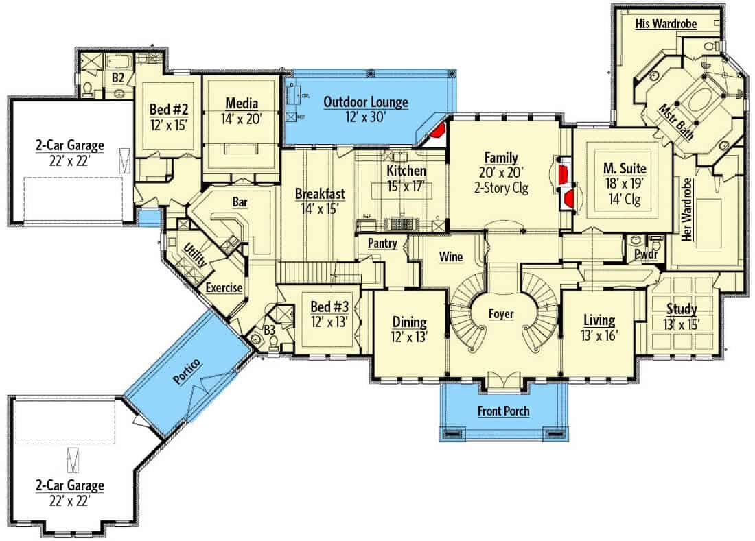 Main level floor plan of a 6-bedroom grand hill country home with foyer, family room, living room, dining room, kitchen, breakfast nook, media room, exercise room, utility, study, three bedrooms, and multiple garages.