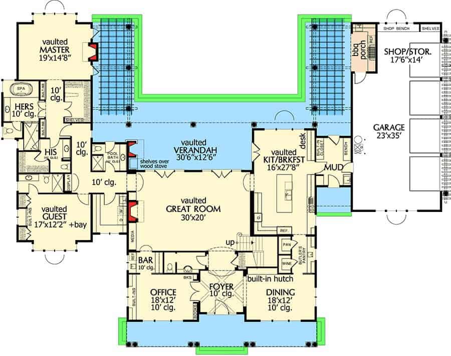 Main level floor plan of a two-story 4-bedroom shingle home with foyer, great room, office, dining room, kitchen, breakfast nook, and mudroom leading to the garage.