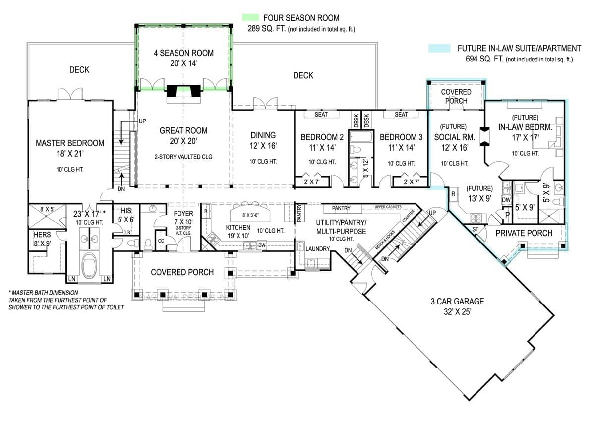 Main level floor plan of a single-story 3-bedroom Pepperwood home with a covered porch, great room, formal dining room, gourmet kitchen, primary suite with a private deck, two bedrooms, utility that leads to an angled garage, and future spaces including a social room and an in-law bedroom.