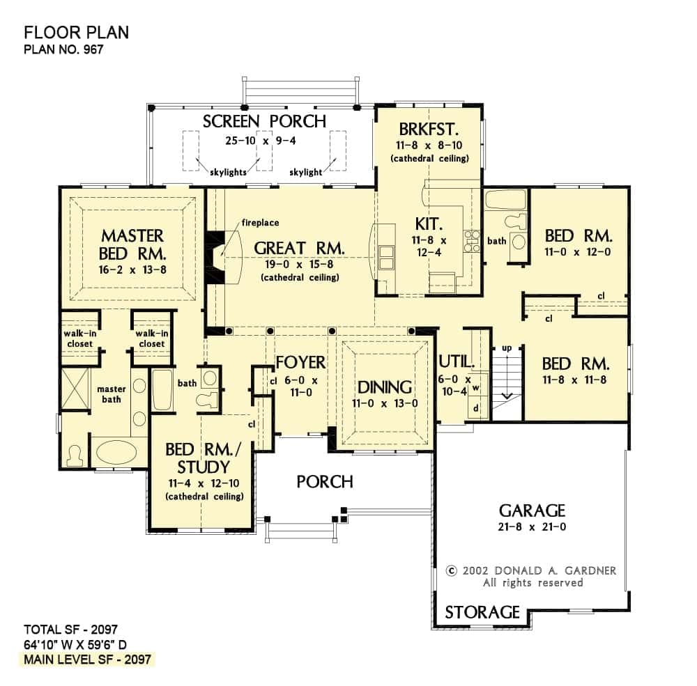 Main level floor plan of a single-story traditional 3-bedroom The Satchwell home with great room, formal dining room, kitchen with breakfast nook, utility, and four bedrooms including the primary suite that has access to the screened porch.