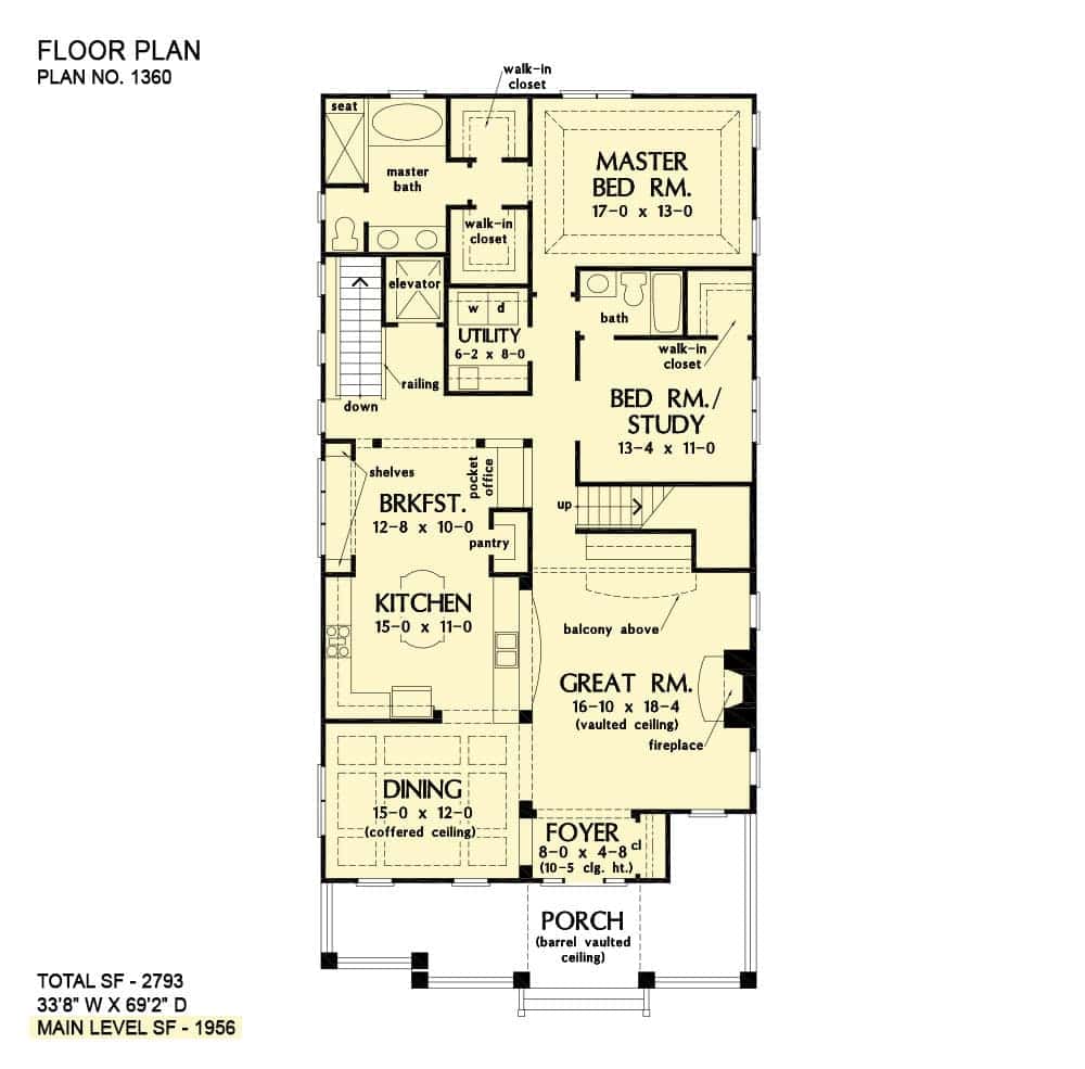 Main level floor plan of a three-story 4-bedroom The Amelia southern home with front porch, great room, formal dining room, kitchen with breakfast nook, utility, primary suite, and a flexible study/bedroom.