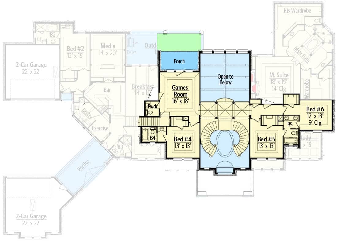 Second level floor plan with three bedrooms and a game room.